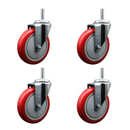 Service Caster 5 Inch Red Polyurethane Wheel Swivel 34 Inch Threaded Stem Caster Set Service Caster SCC-TS20S514-PPUB-RED-34212-4